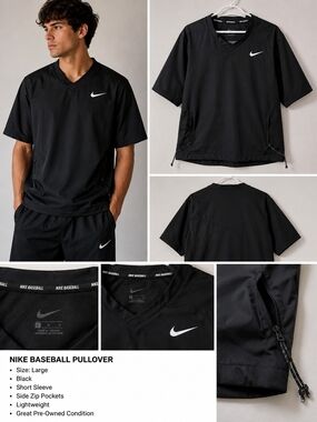Nike Black Short-Sleeve Baseball Pullover with White Swoosh